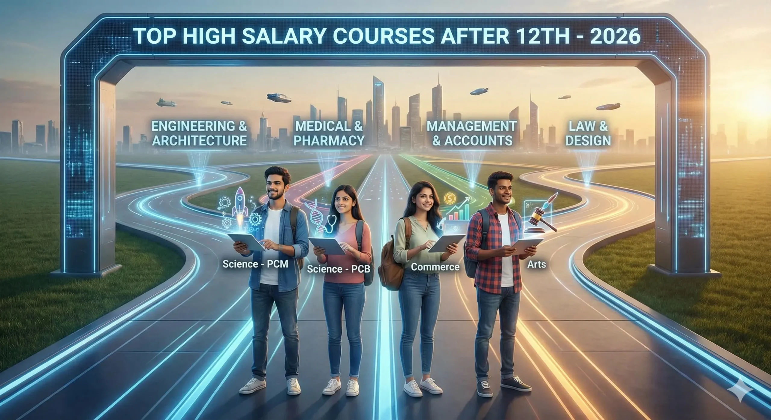 Infographic of top high salary courses after 12th science commerce arts in 2026 with salary comparison.