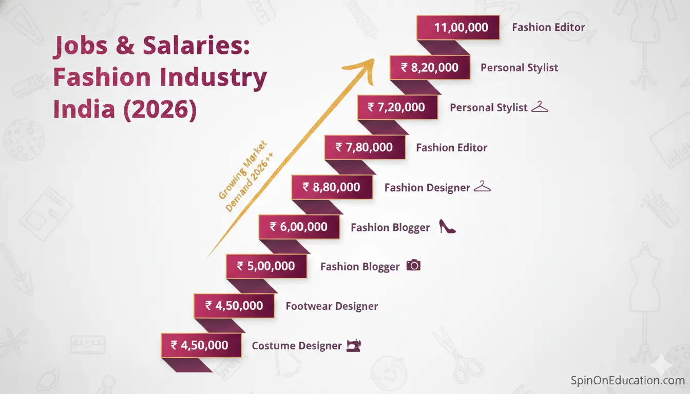 Infographic showing Fashion Designer salaries in India for 2026 including roles like Fashion Editor, Personal Stylist, and Costume Designer.