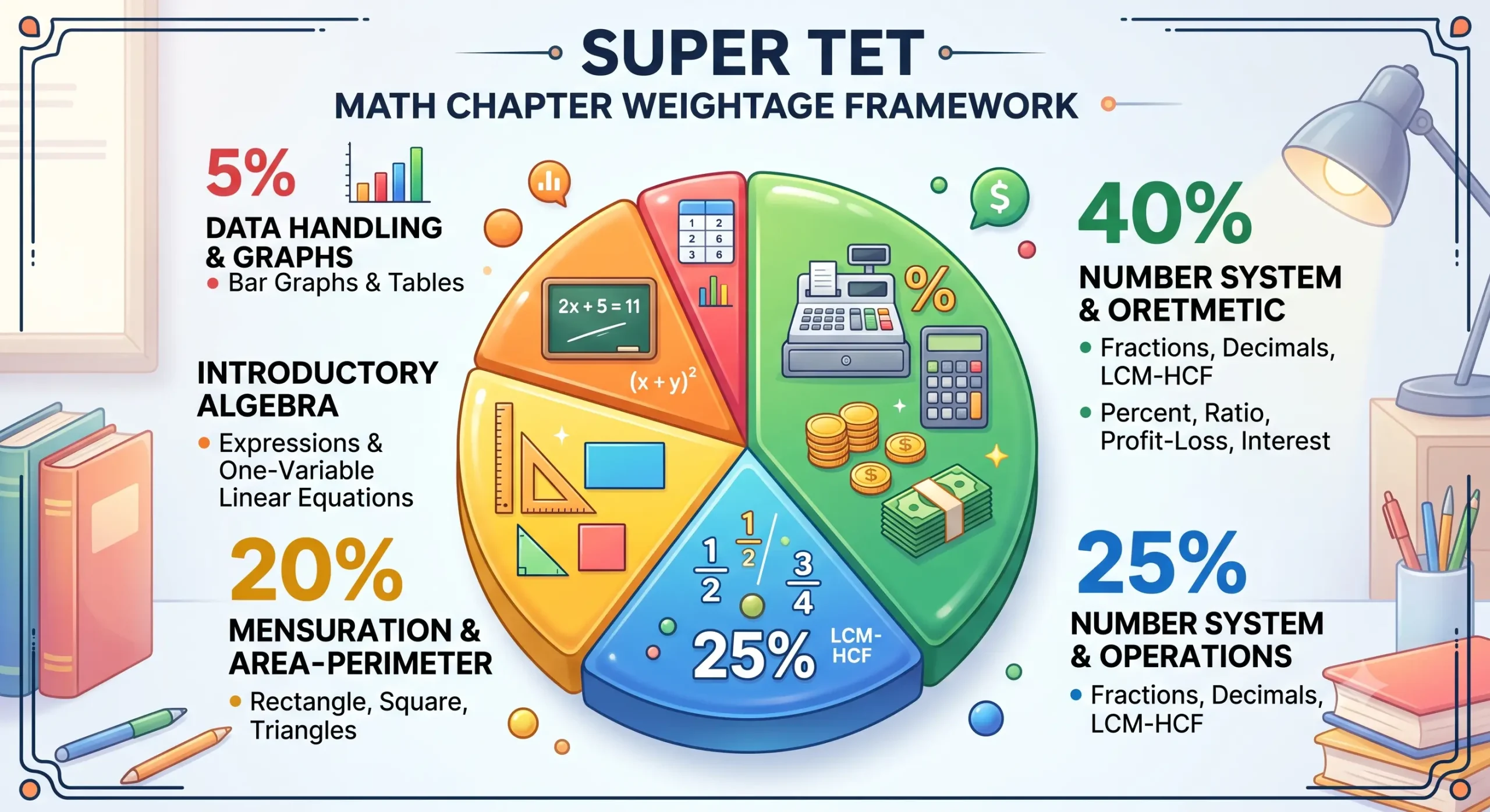 Super TET Math Chapter Weightage Framework Pie Chart breaking down commercial arithmetic, number system, mensuration, algebra, and data handling.